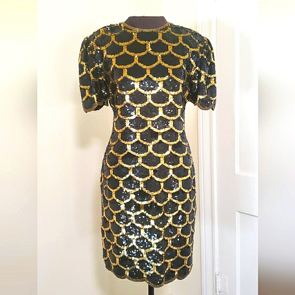 Vintage Laurence Kazar Silk Sequins Scalloped Dress Retro Prom Dress
